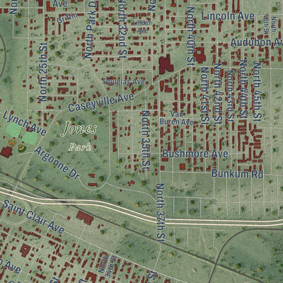 Second close-up of the map of East St. Louis, Illinois print showing more streets and buildings