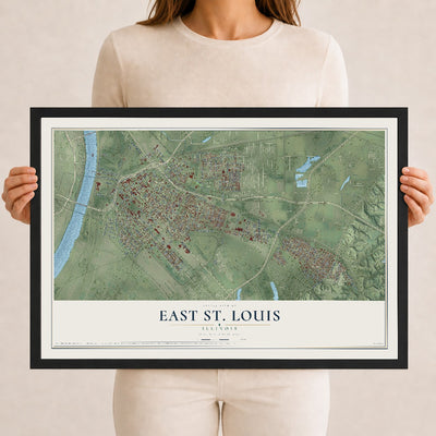 Map of East St. Louis, Illinois, 12 x 18 inch print in a black wood frame