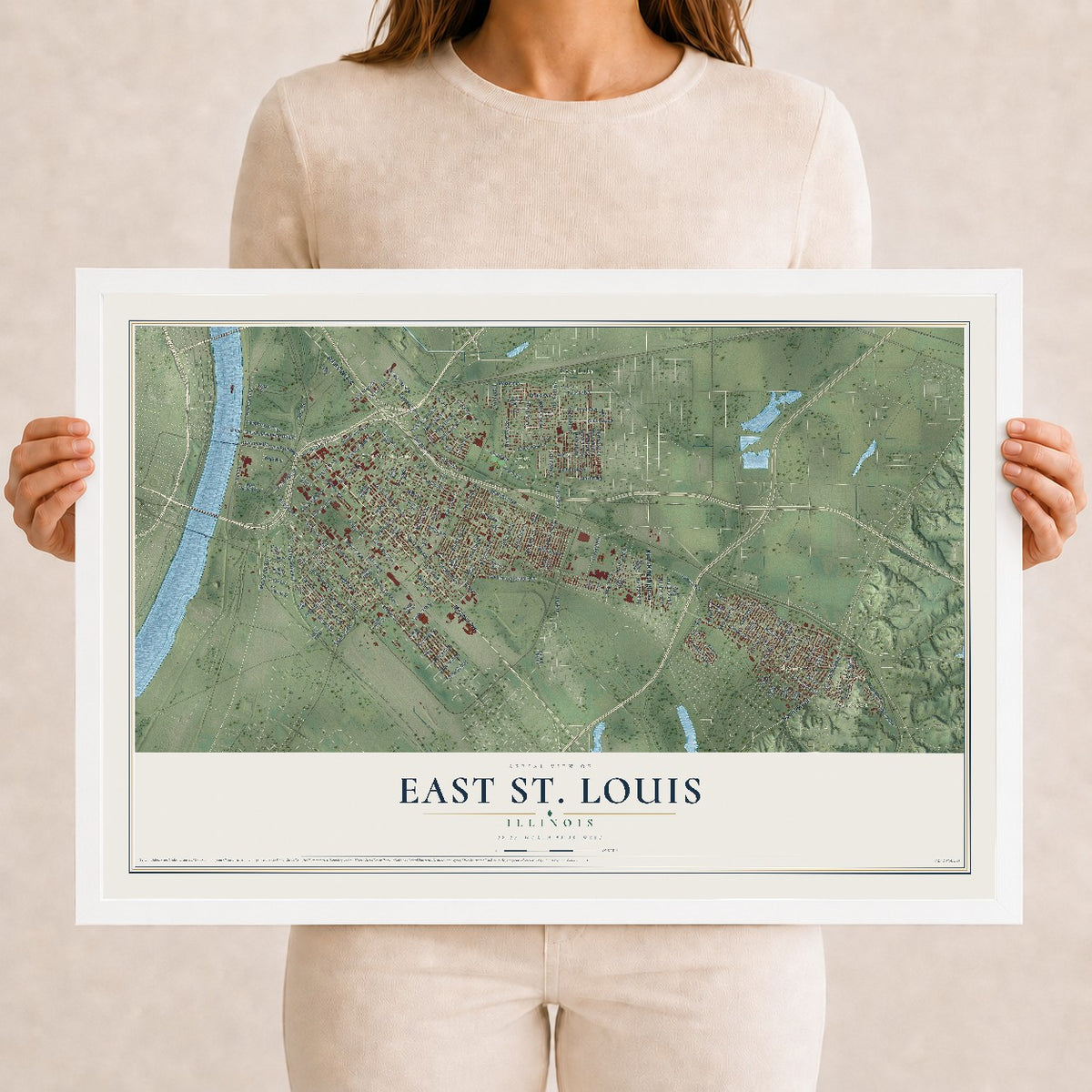 Map of East St. Louis, Illinois, 12 x 18 inch print in a white wood frame