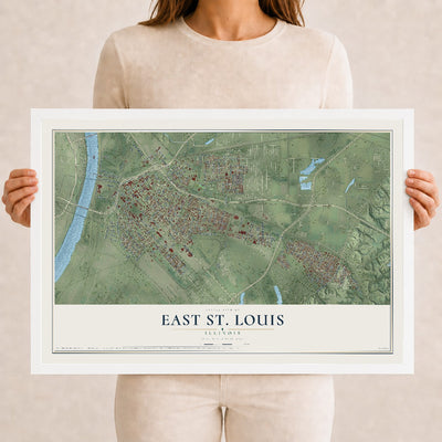 Map of East St. Louis, Illinois, 12 x 18 inch print in a white wood frame