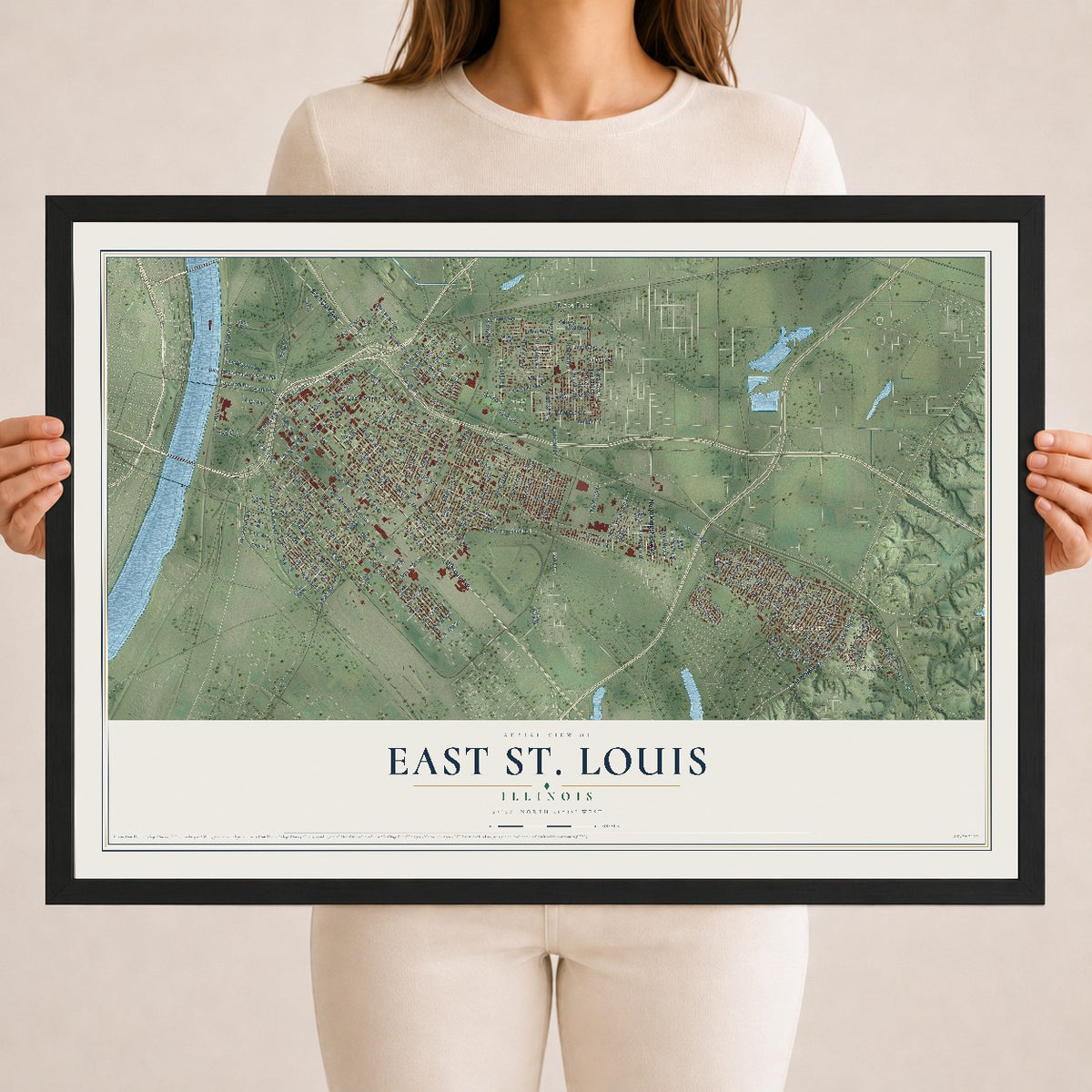 Map of East St. Louis, Illinois, 18 x 24 inch print in a black wood frame