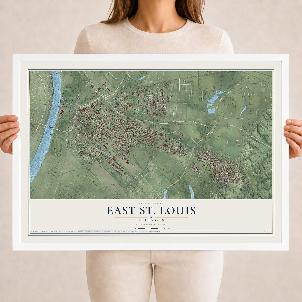 Map of East St. Louis, Illinois, 18 x 24 inch print in a white wood frame