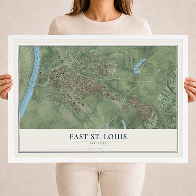 Map of East St. Louis, Illinois, 18 x 24 inch print in a white wood frame