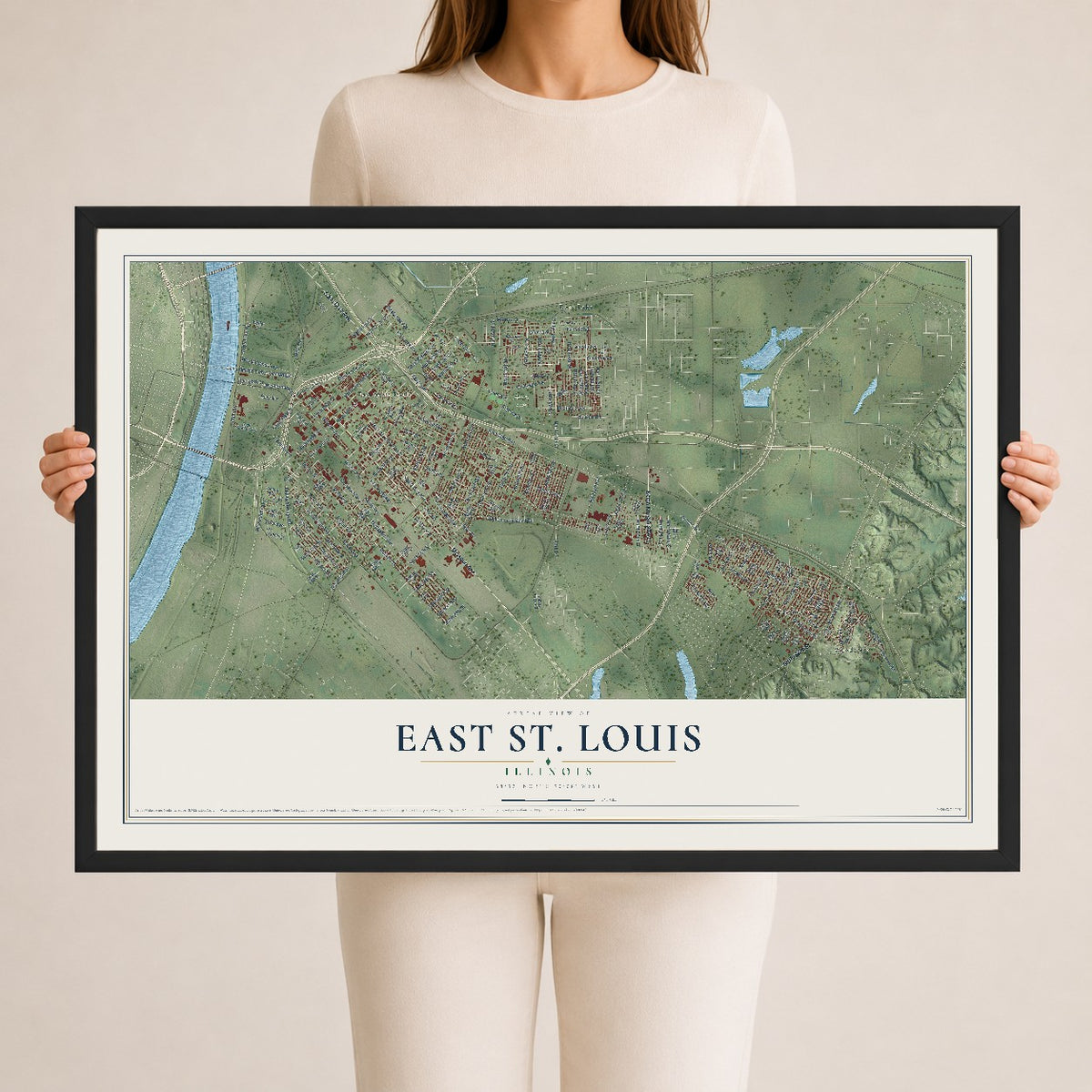 Map of East St. Louis, Illinois, 24 x 36 inch print in a black wood frame