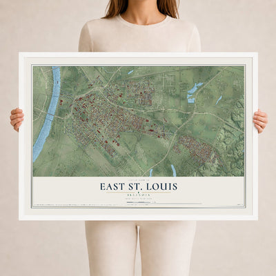 Map of East St. Louis, Illinois, 24 x 36 inch print in a white wood frame