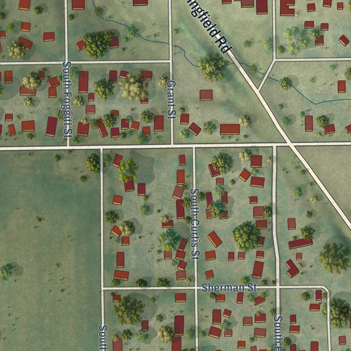Second close-up of the map of Edinburg, Illinois print showing more streets and buildings