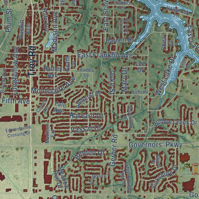 Close-up of the map of Edwardsville, Illinois print showing street and building detail