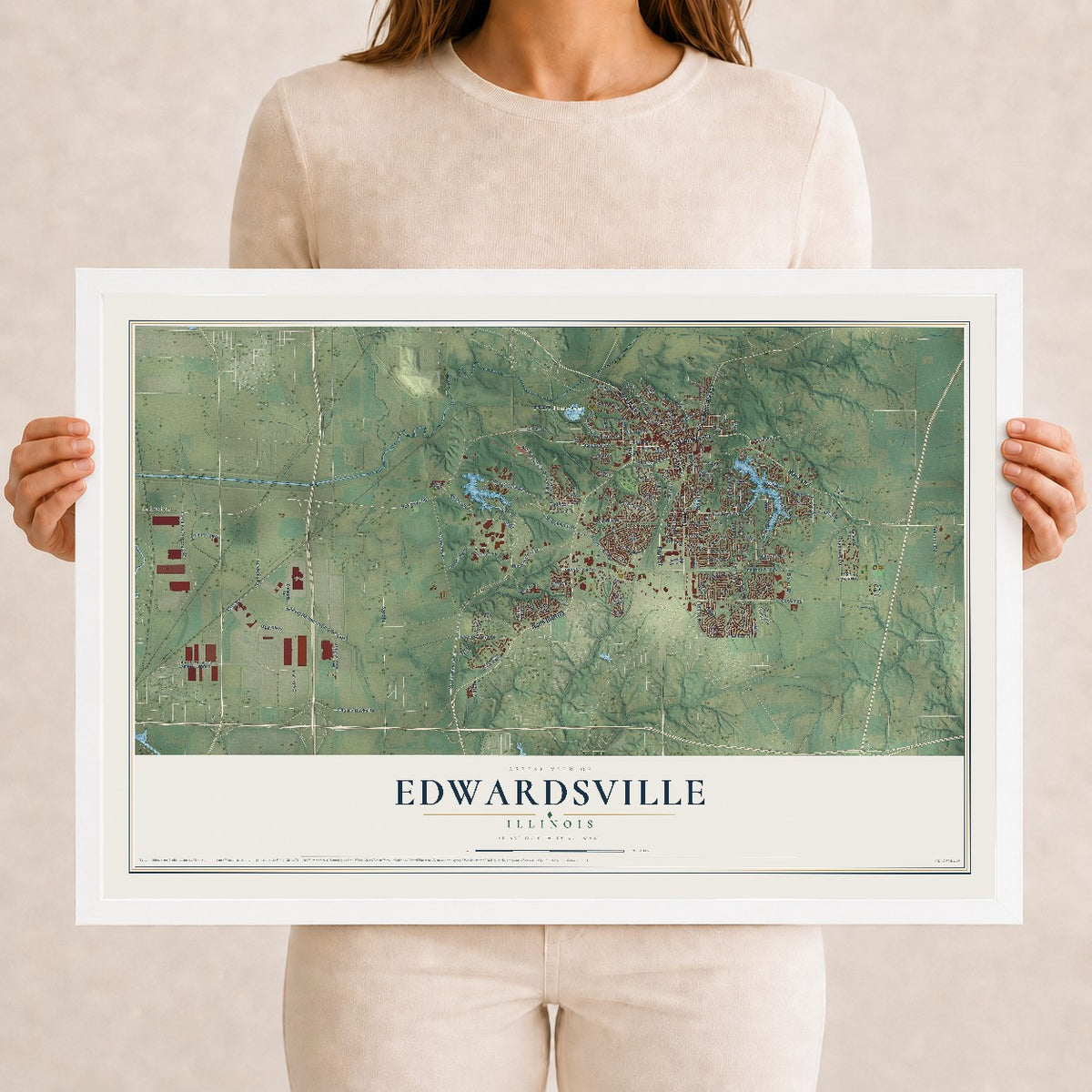 Map of Edwardsville, Illinois, 12 x 18 inch print in a white wood frame