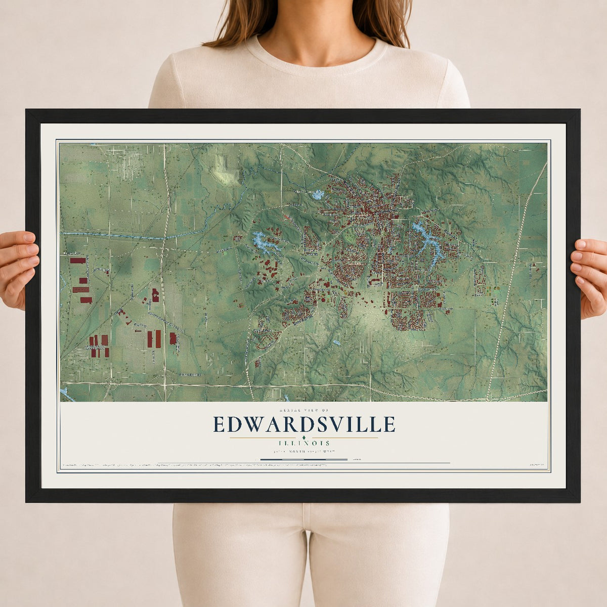 Map of Edwardsville, Illinois, 18 x 24 inch print in a black wood frame