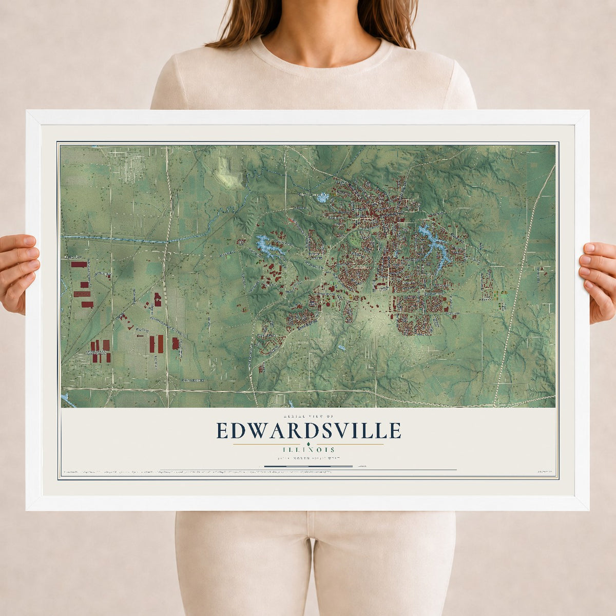 Map of Edwardsville, Illinois, 18 x 24 inch print in a white wood frame
