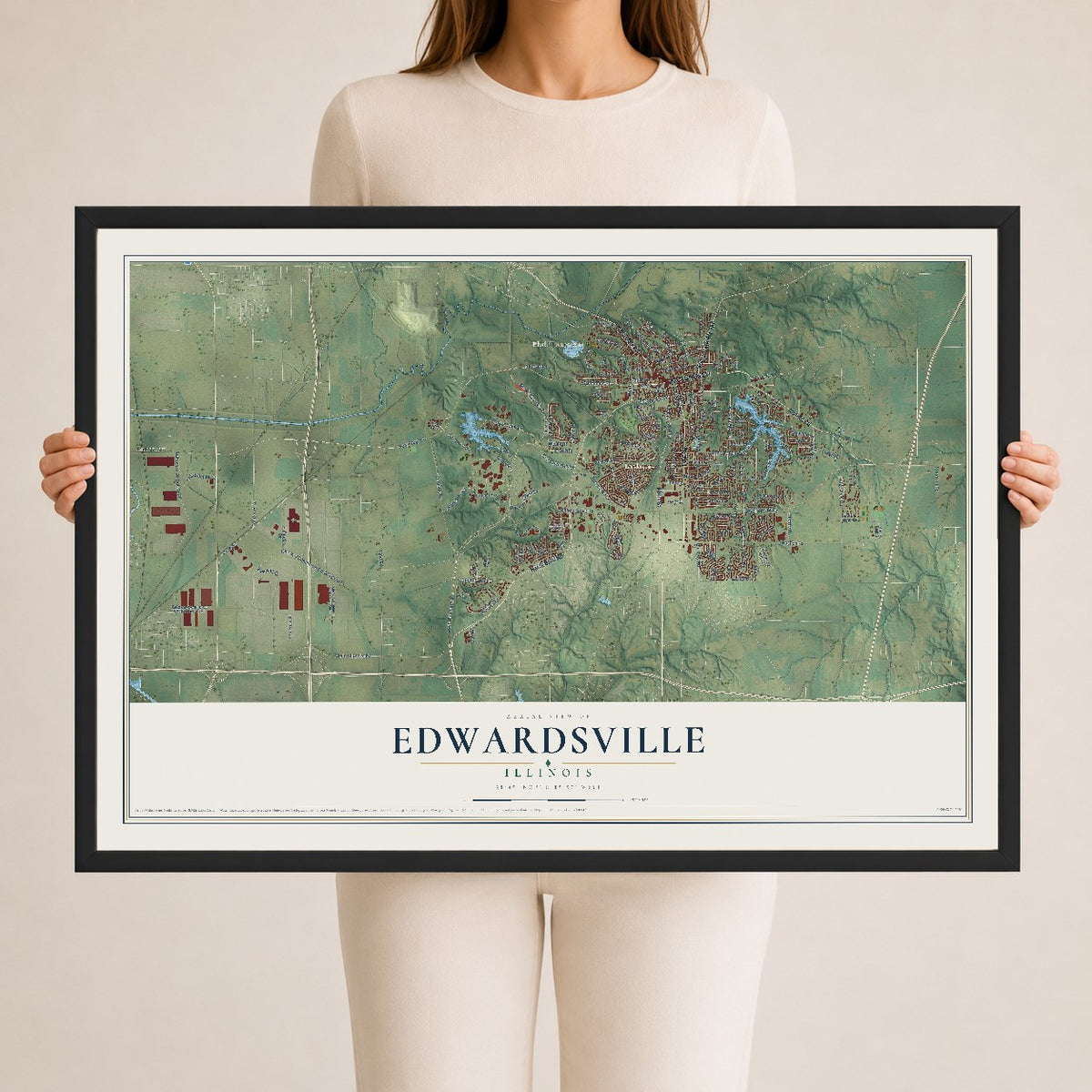Map of Edwardsville, Illinois, 24 x 36 inch print in a black wood frame