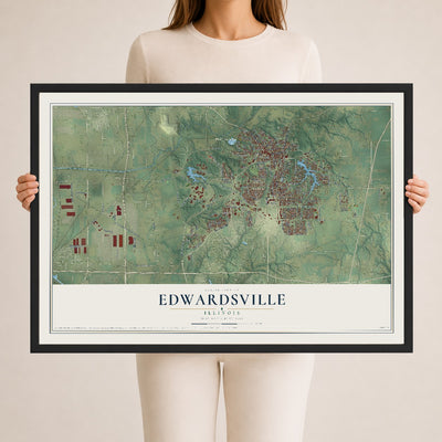 Map of Edwardsville, Illinois, 24 x 36 inch print in a black wood frame