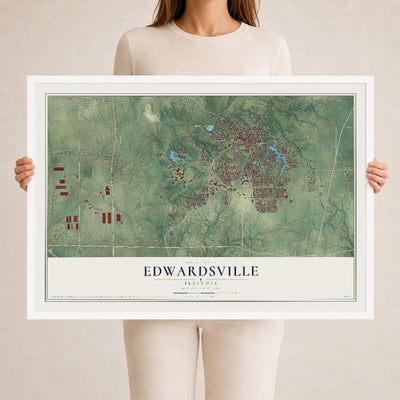 Map of Edwardsville, Illinois, 24 x 36 inch print in a white wood frame