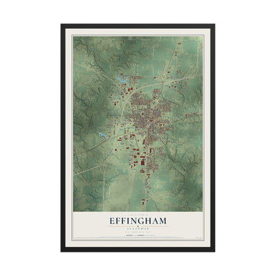 Map of Effingham, Illinois, 12 x 18 inch print in a black wood frame