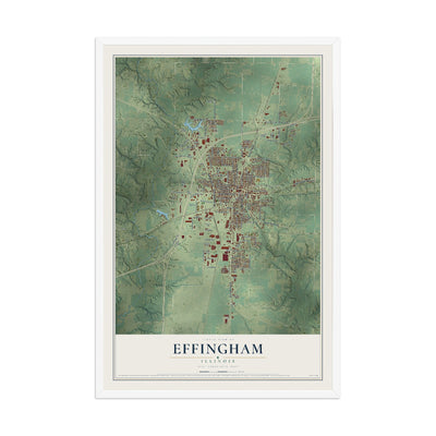 Map of Effingham, Illinois, 12 x 18 inch print in a white wood frame