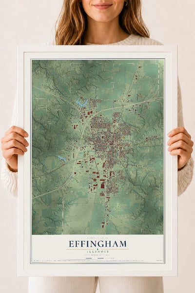 Map of Effingham, Illinois, 18 x 24 inch print in a white wood frame