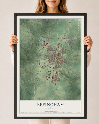 Map of Effingham, Illinois, 24 x 36 inch print in a black wood frame