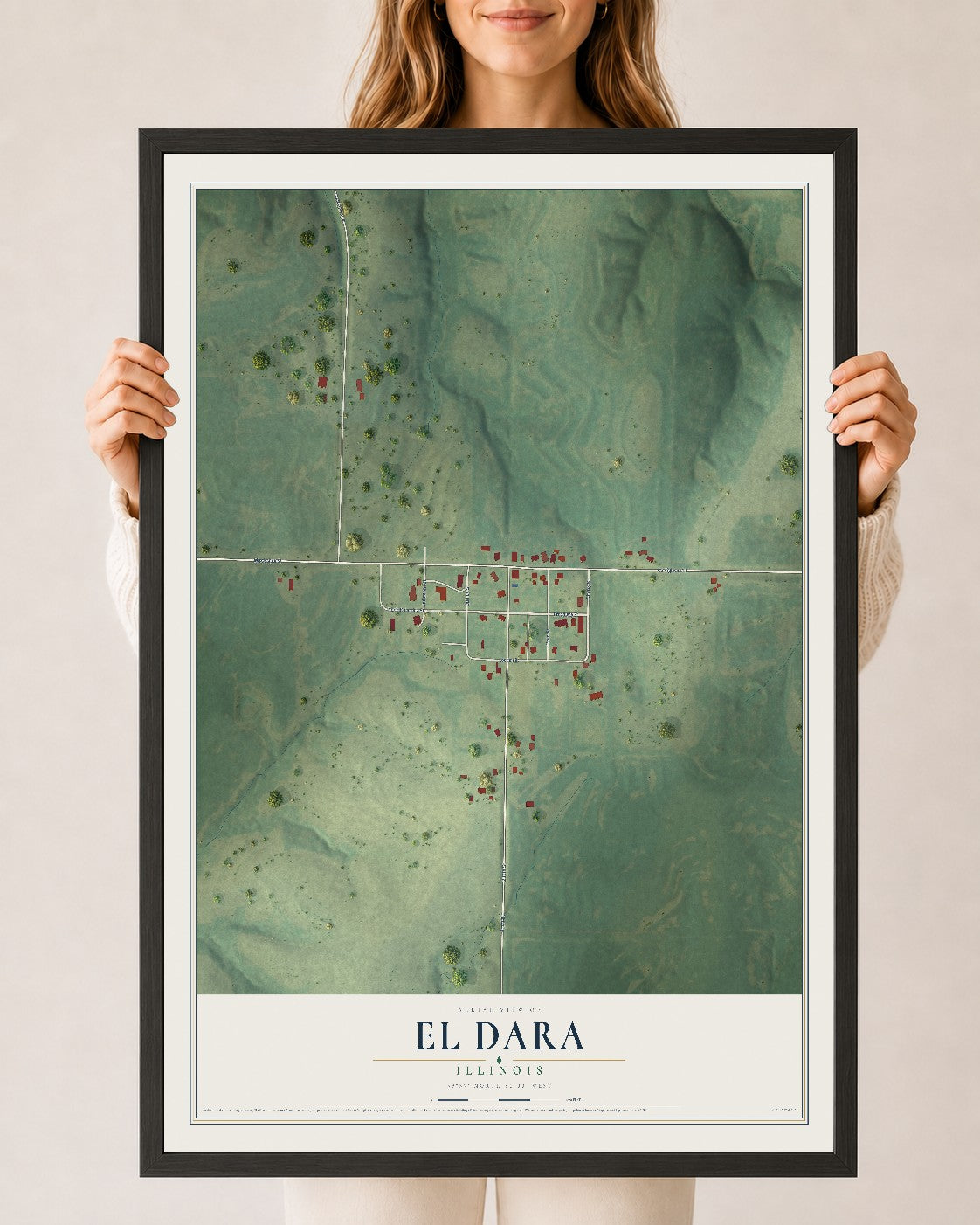 Map of El Dara, Illinois, 24 x 36 inch print in a black wood frame
