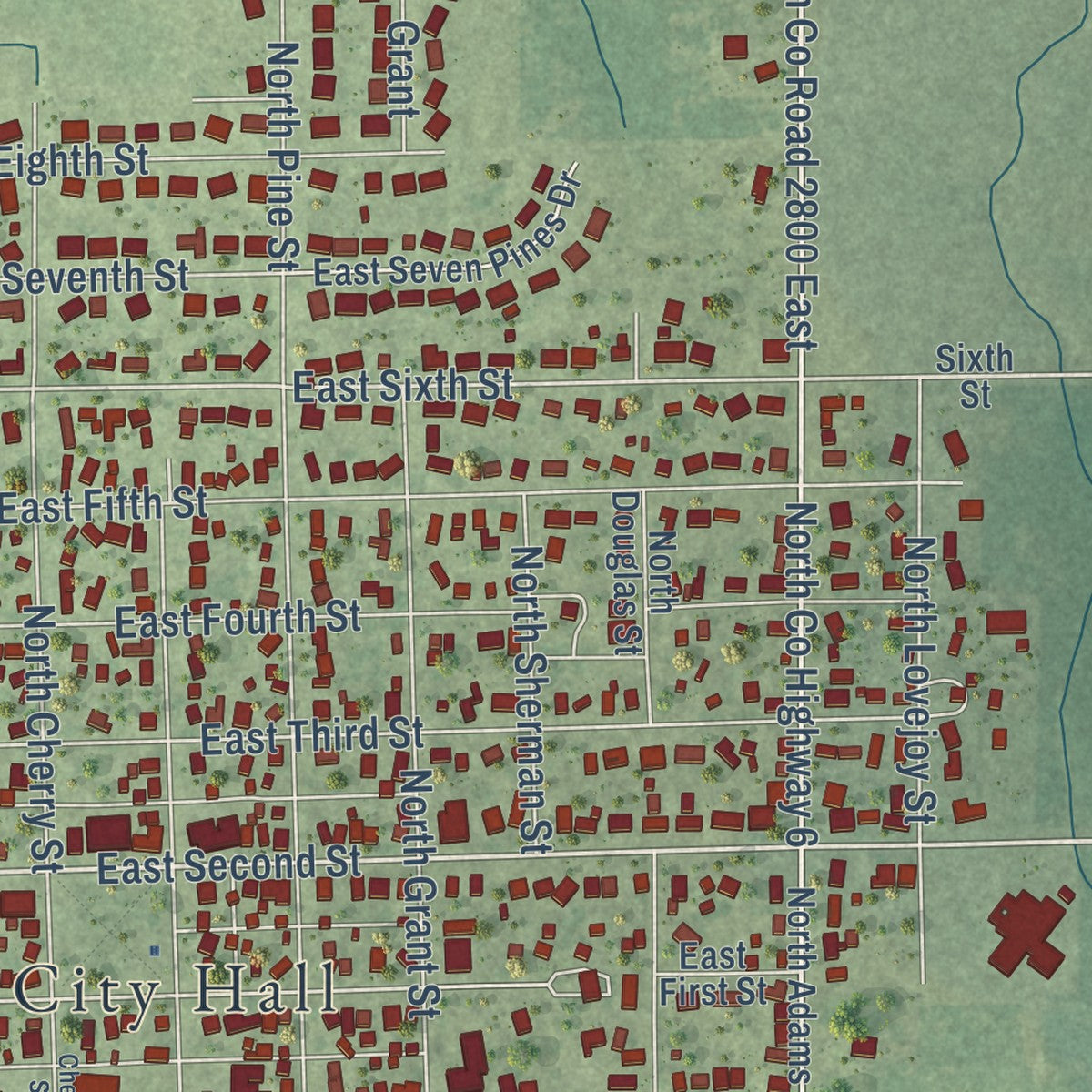 Close-up of the map of El Paso, Illinois print showing street and building detail