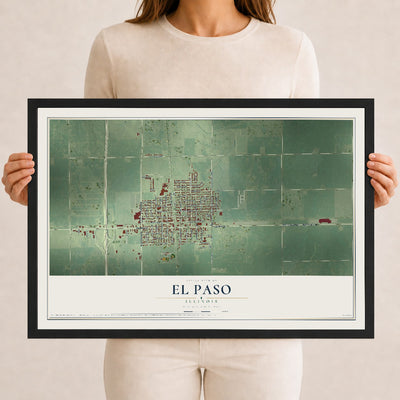 Map of El Paso, Illinois, 12 x 18 inch print in a black wood frame