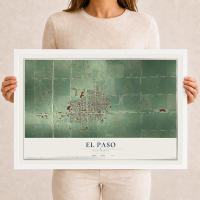 Map of El Paso, Illinois, 12 x 18 inch print in a white wood frame