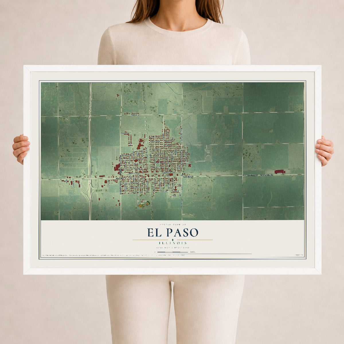 Map of El Paso, Illinois, 24 x 36 inch print in a white wood frame