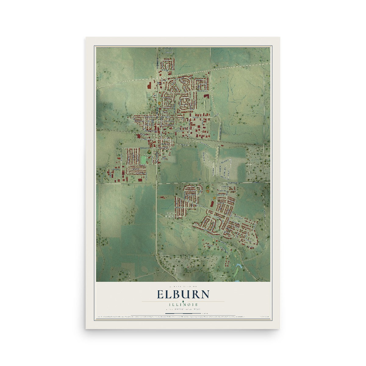 Map of Elburn, Illinois, 12 x 18 inch unframed archival matte print