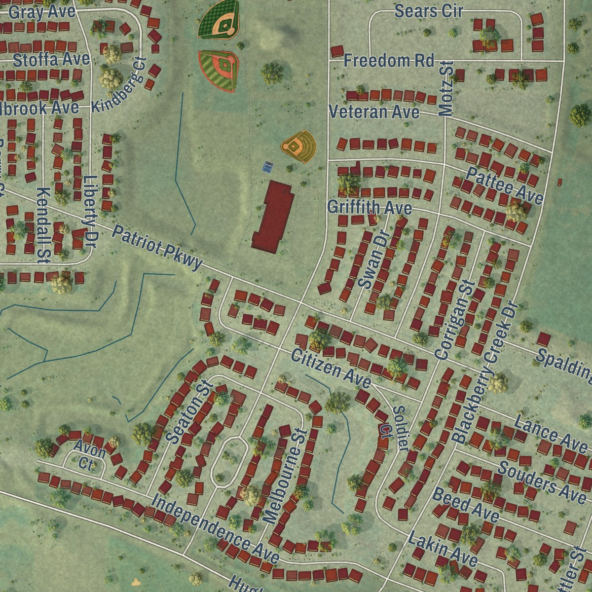 Second close-up of the map of Elburn, Illinois print showing more streets and buildings
