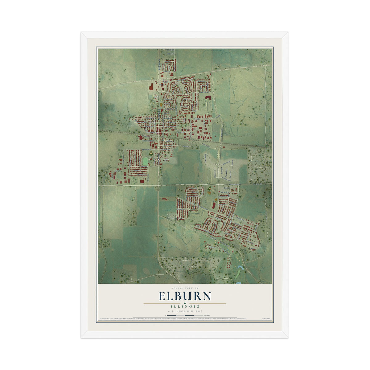 Map of Elburn, Illinois, 12 x 18 inch print in a white wood frame