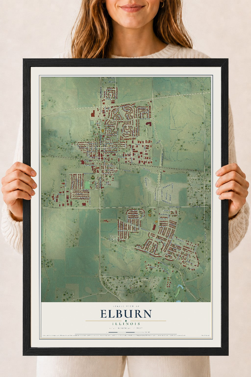 Map of Elburn, Illinois, 18 x 24 inch print in a black wood frame