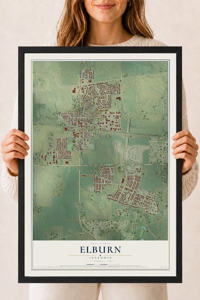 Map of Elburn, Illinois, 18 x 24 inch print in a black wood frame