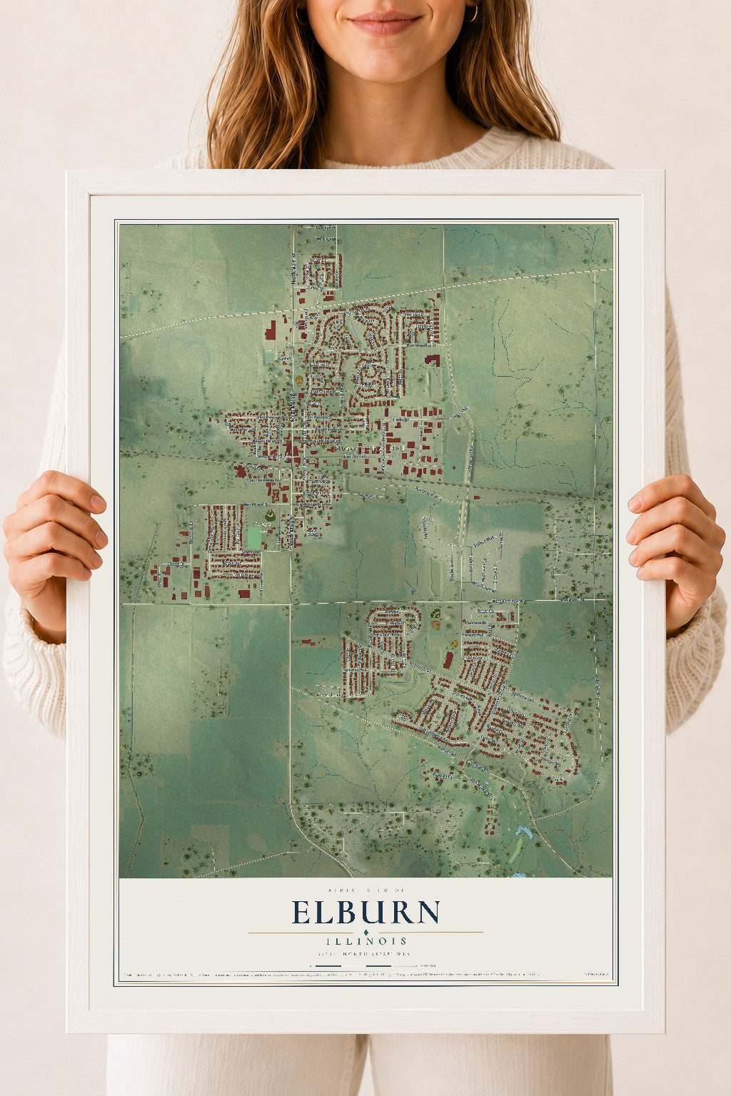 Map of Elburn, Illinois, 18 x 24 inch print in a white wood frame