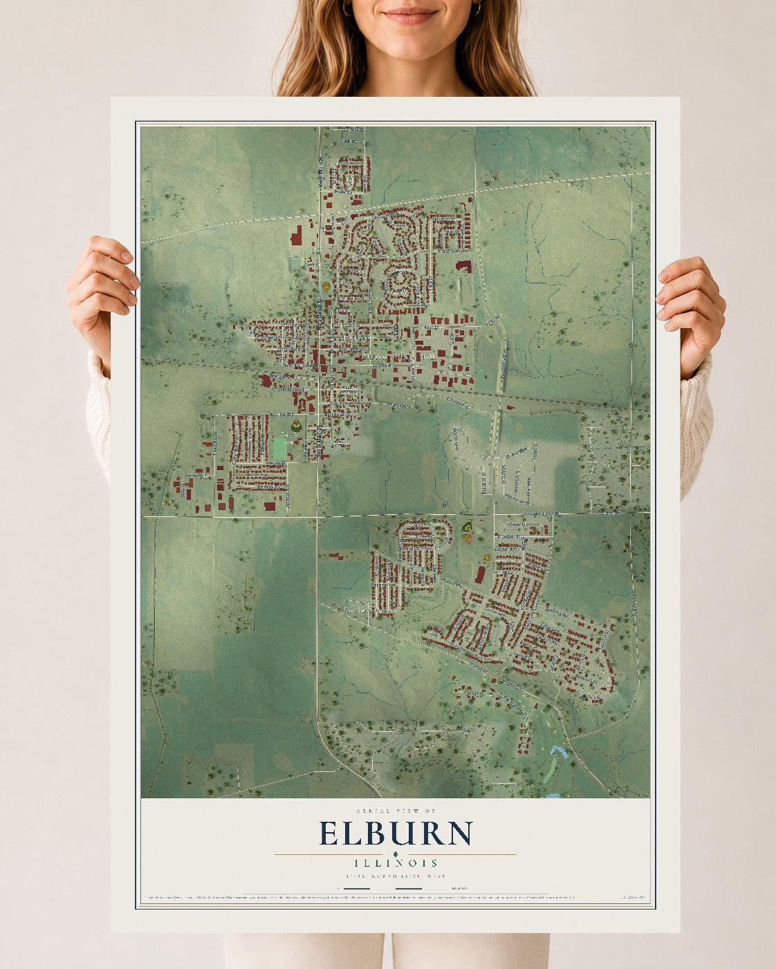 Map of Elburn, Illinois, 24 x 36 inch unframed archival matte print