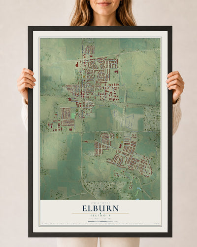 Map of Elburn, Illinois, 24 x 36 inch print in a black wood frame