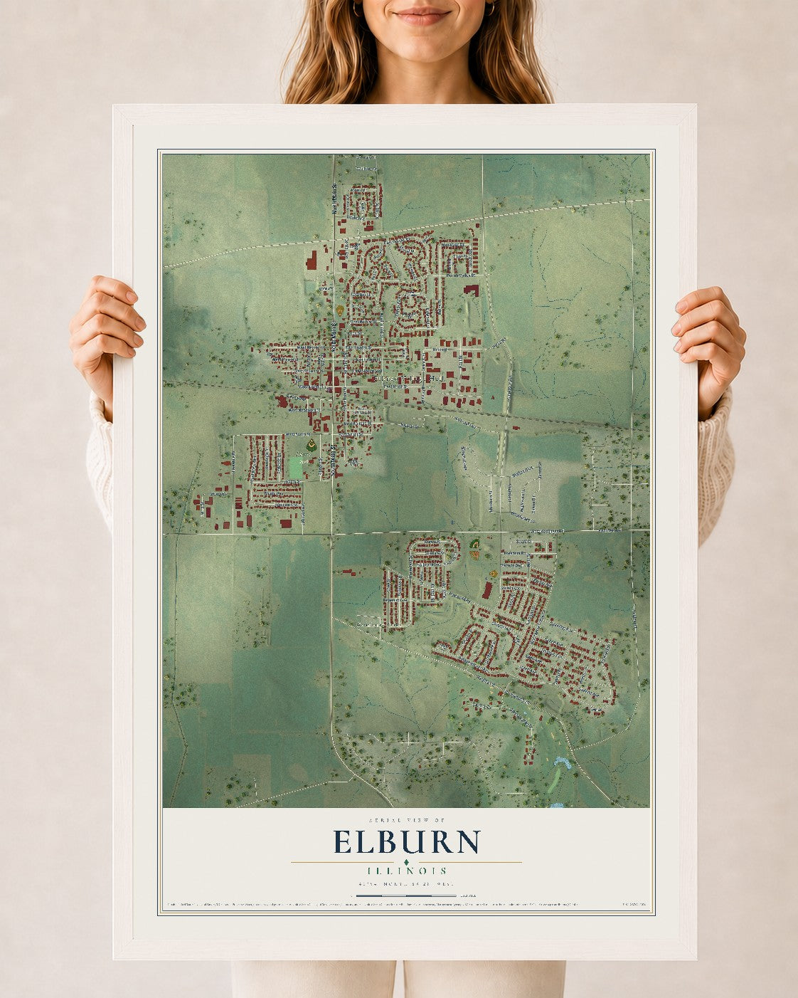 Map of Elburn, Illinois, 24 x 36 inch print in a white wood frame