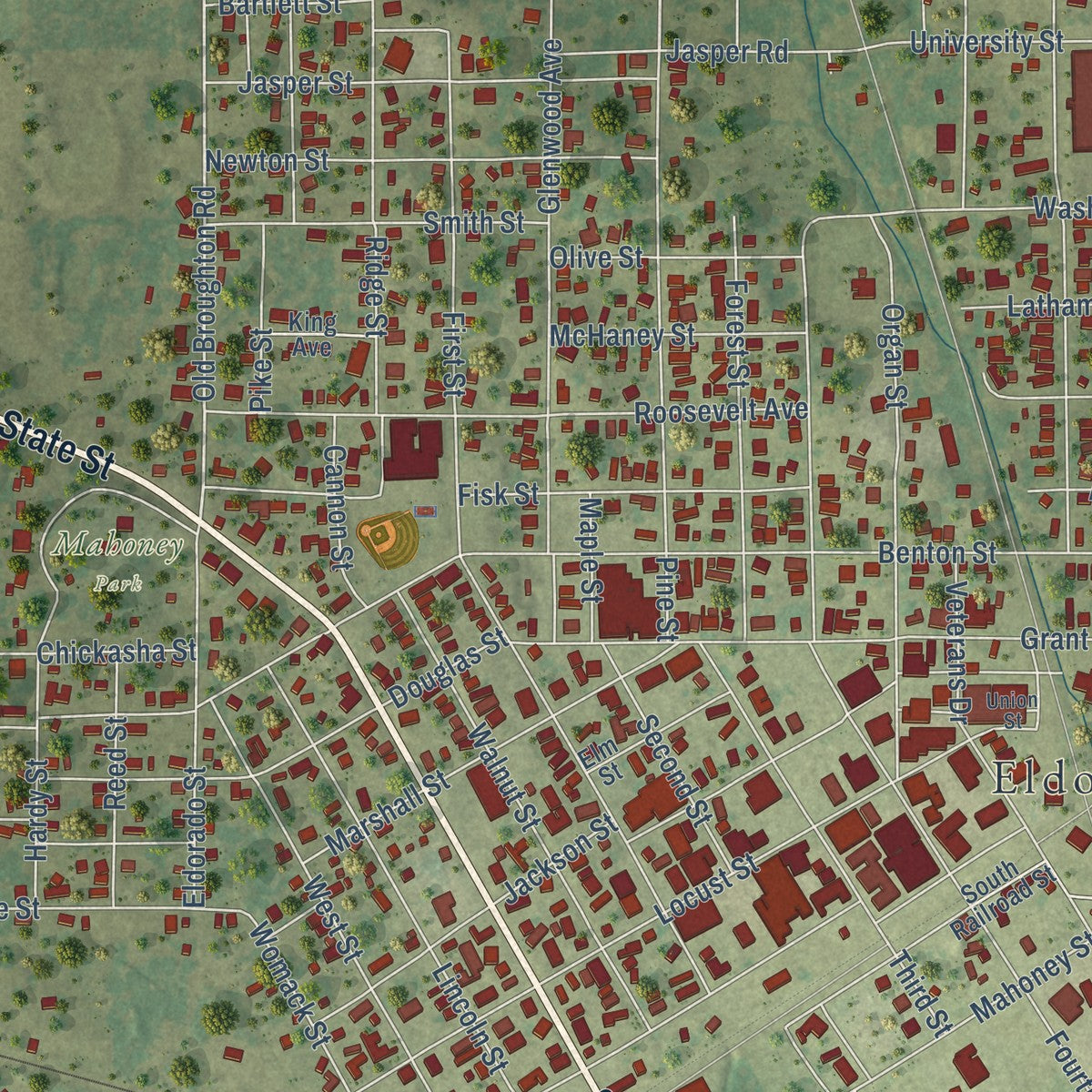 Close-up of the map of Eldorado, Illinois print showing street and building detail