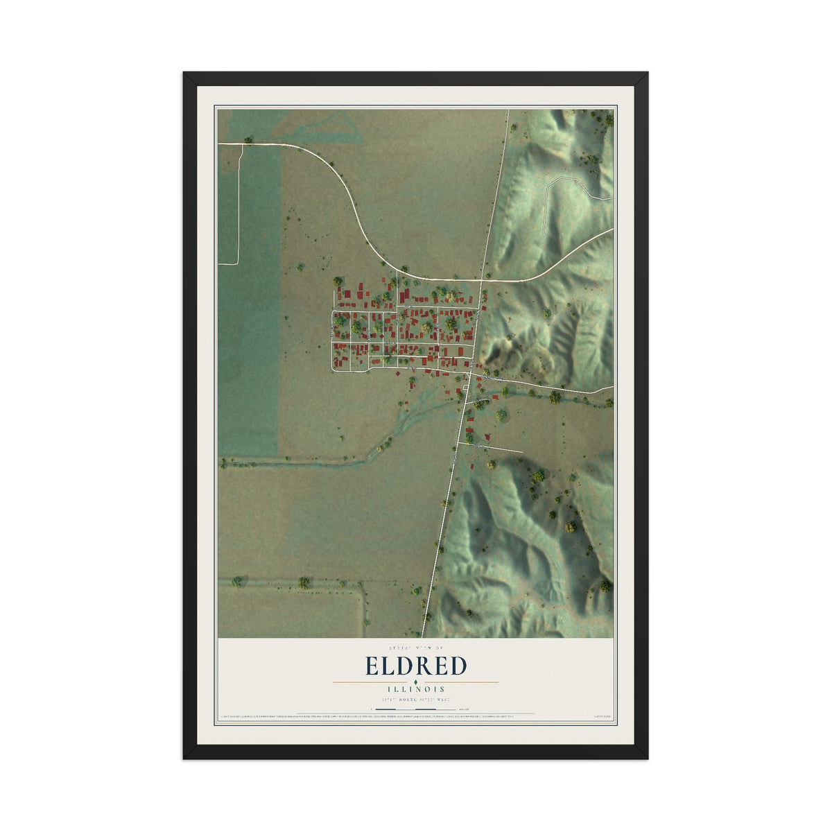 Map of Eldred, Illinois, 12 x 18 inch print in a black wood frame