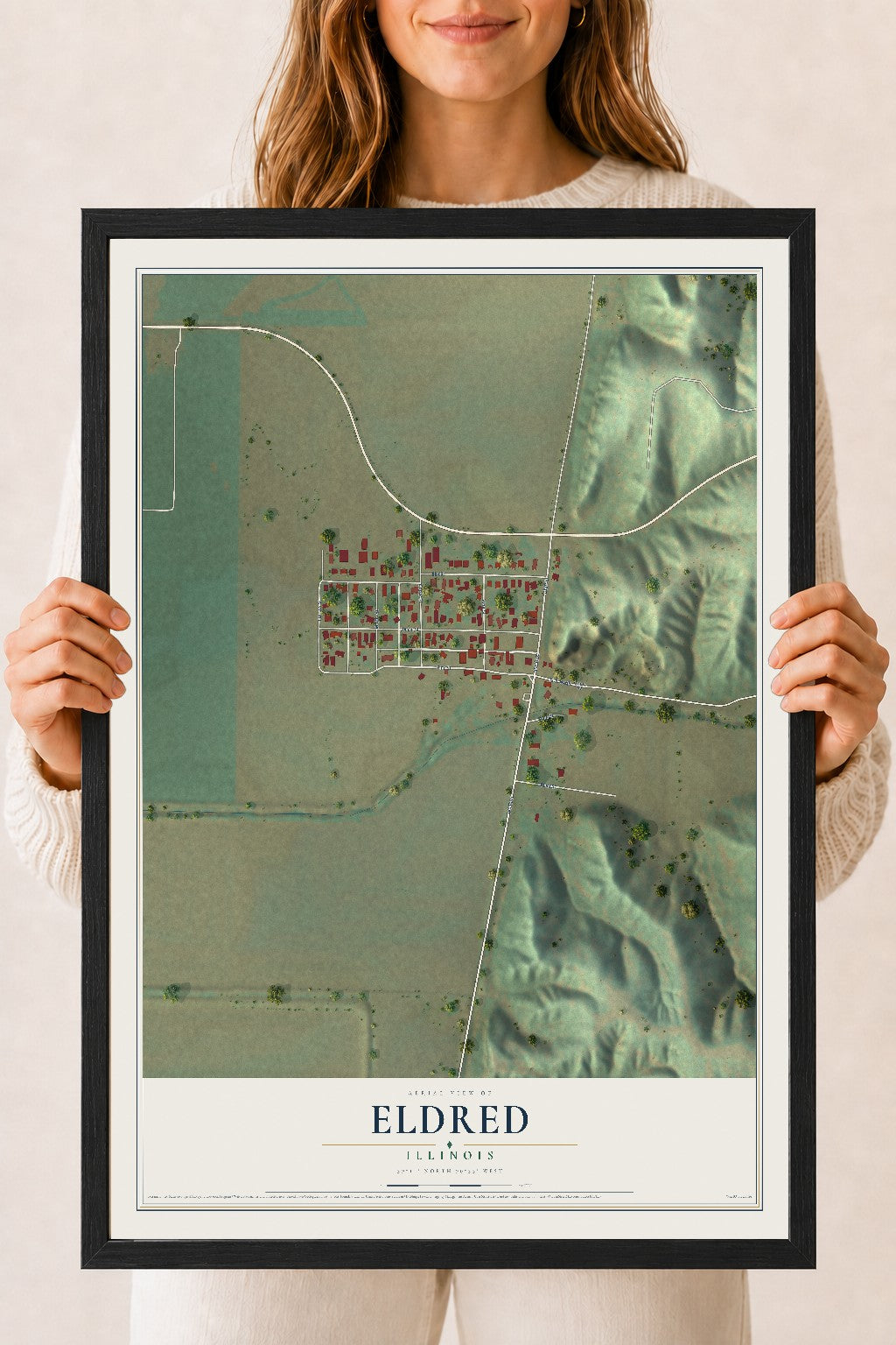 Map of Eldred, Illinois, 18 x 24 inch print in a black wood frame