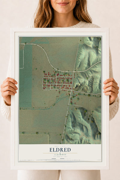 Map of Eldred, Illinois, 18 x 24 inch print in a white wood frame