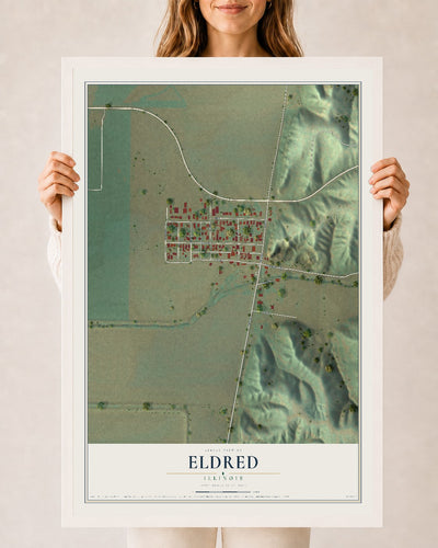 Map of Eldred, Illinois, 24 x 36 inch print in a white wood frame