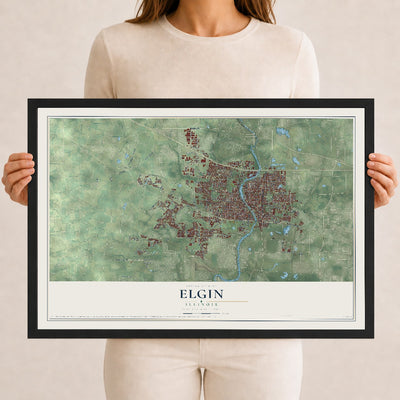 Map of Elgin, Illinois, 12 x 18 inch print in a black wood frame