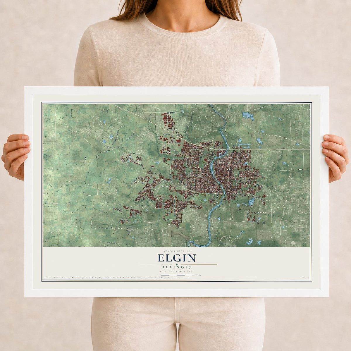 Map of Elgin, Illinois, 12 x 18 inch print in a white wood frame