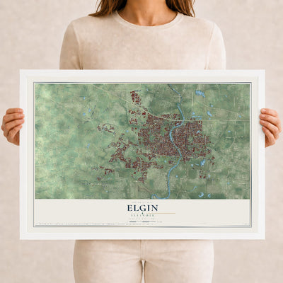 Map of Elgin, Illinois, 12 x 18 inch print in a white wood frame