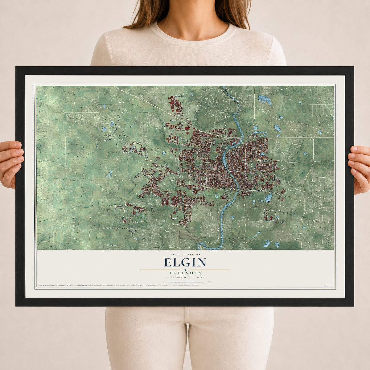 Map of Elgin, Illinois, 18 x 24 inch print in a black wood frame