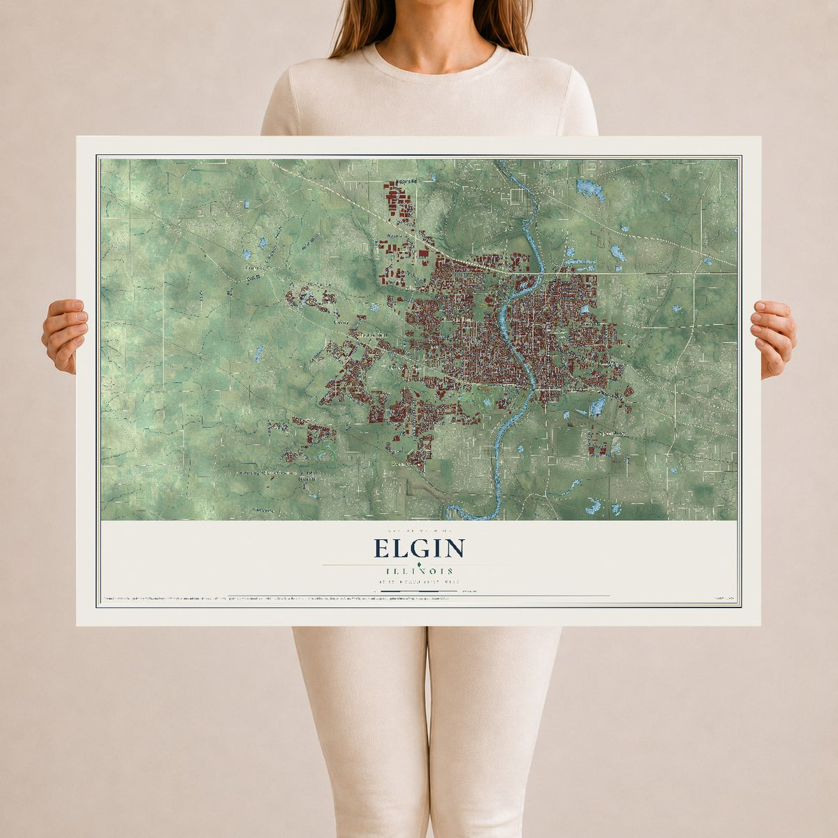Map of Elgin, Illinois, 24 x 36 inch unframed archival matte print