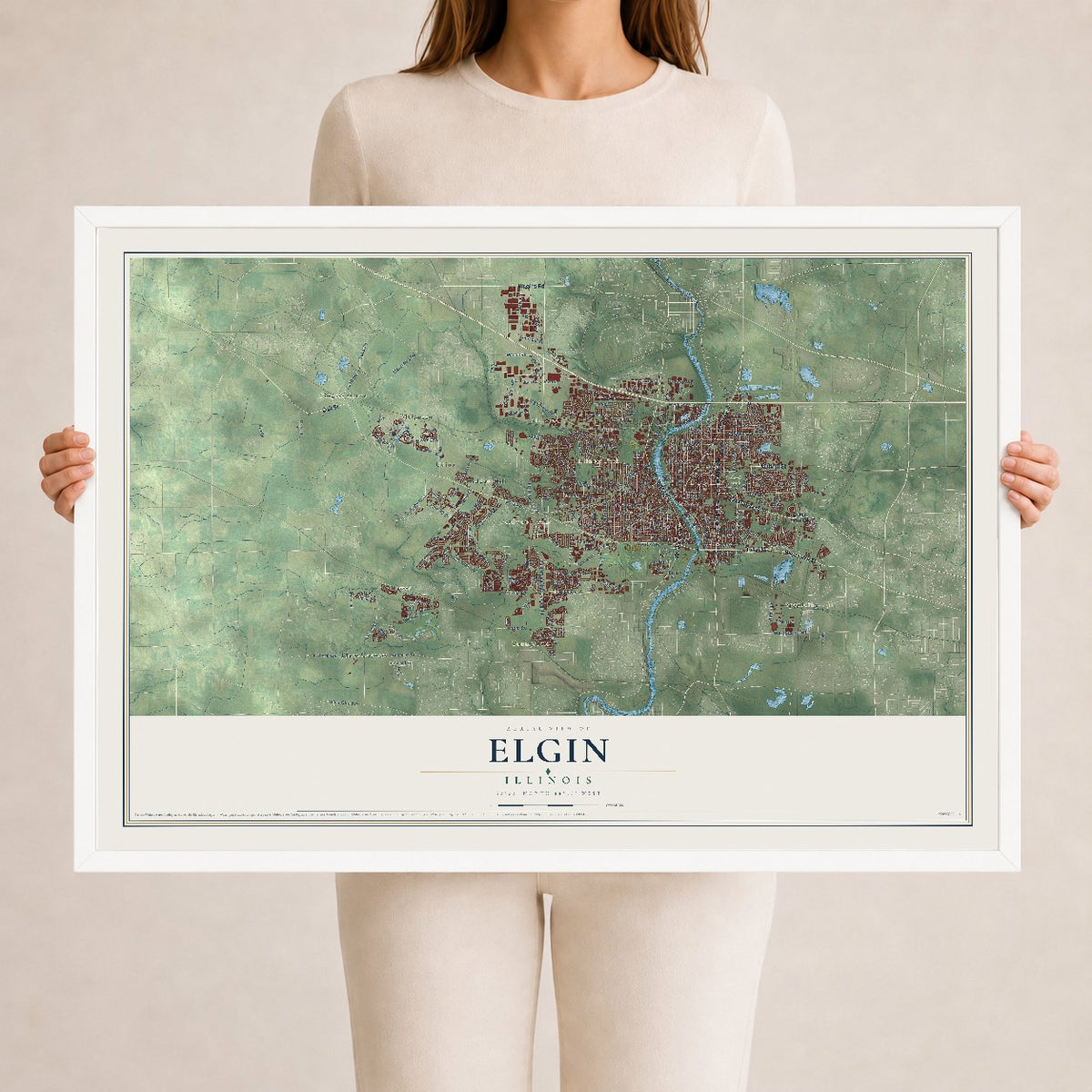 Map of Elgin, Illinois, 24 x 36 inch print in a white wood frame
