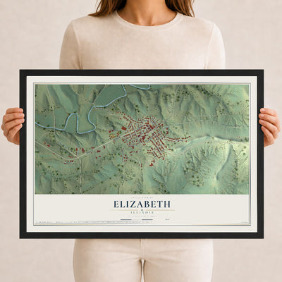 Map of Elizabeth, Illinois, 12 x 18 inch print in a black wood frame