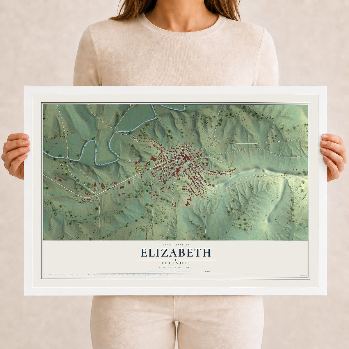 Map of Elizabeth, Illinois, 12 x 18 inch print in a white wood frame