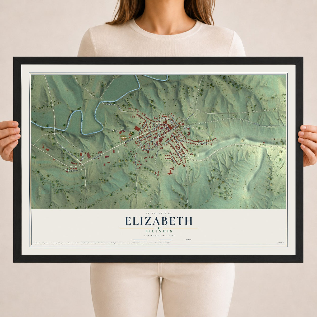Map of Elizabeth, Illinois, 18 x 24 inch print in a black wood frame