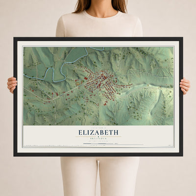 Map of Elizabeth, Illinois, 24 x 36 inch print in a black wood frame